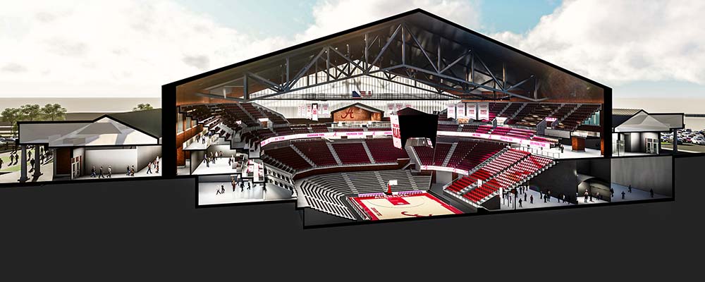 Rendering of a cross-section of the Competition Arena showing showing the court is below ground level