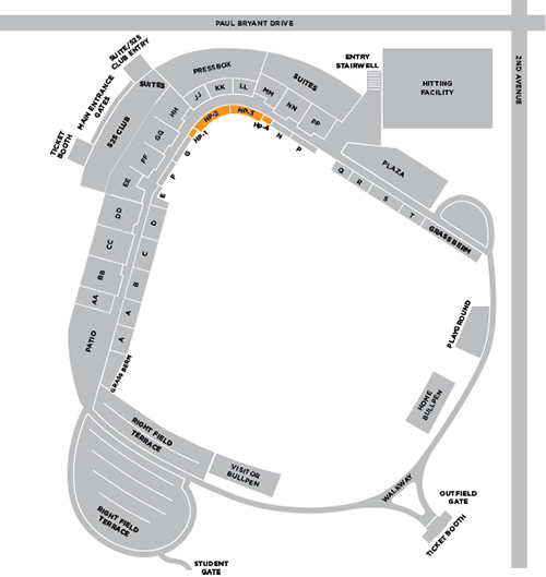 Seat map of Sewell-Thomas Stadium with the Home Plate Club section highlighted in orange